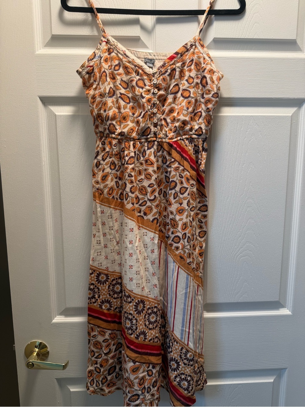 Aerie Boho Patchwork Midi Sundress Button Front Orange Cream